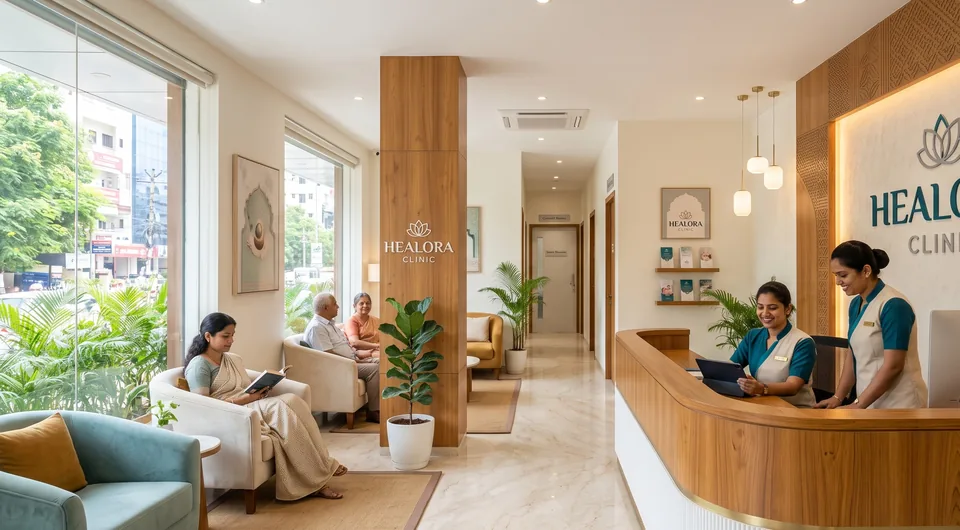 Healora Clinic concept preview showing a bright clinic reception